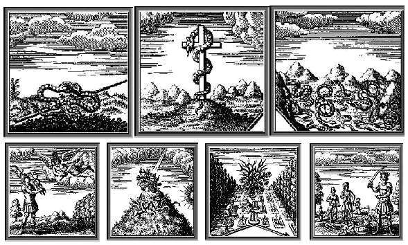 Гравюры, отражающие последние листы каждого из трех септенеров,а также 4-й и 5-й листы книги, описанной Н.Фламелем