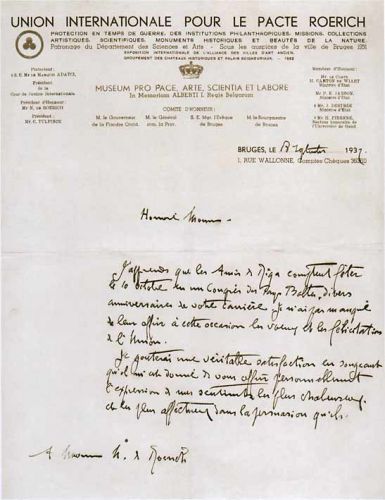 Письмо К.Тюльпинка, президента Международного Союза за Пакт Рериха в г. Брюгге Н.К.Рериху. 14 февраля 1932 г.